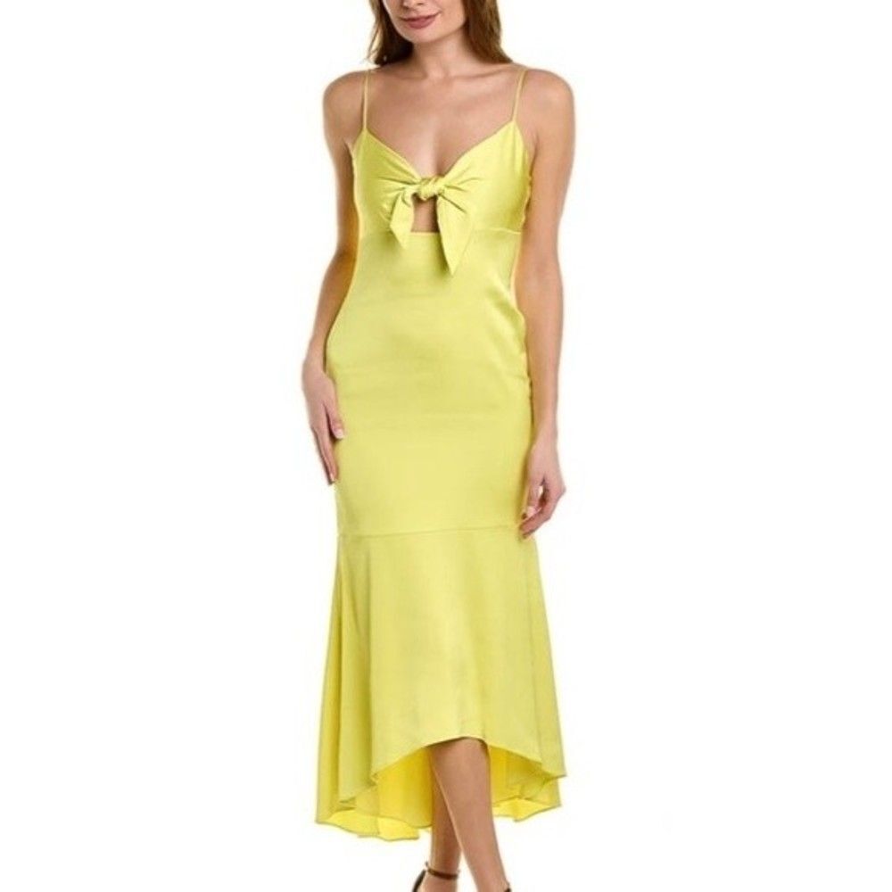 NEW Aidan Mattox Hammered Satin Tie Front Midi Dress Chartreuse Yellow Size 10